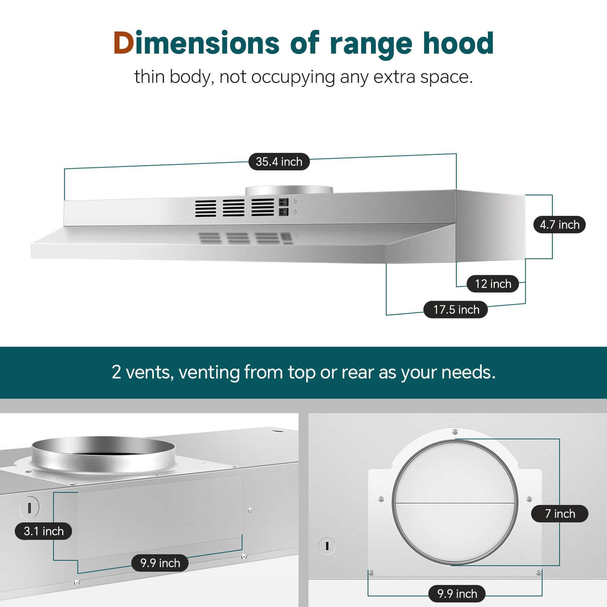 SNDOAS 30 inch Range Hood Ducted/Ductless Convertible Stainless Steel Range Hood Under Cabinet with Rocker Button Control,Vent Hood with LED Light,2 Speed Exhaust Fan,Under Cabinet Hood,Silver