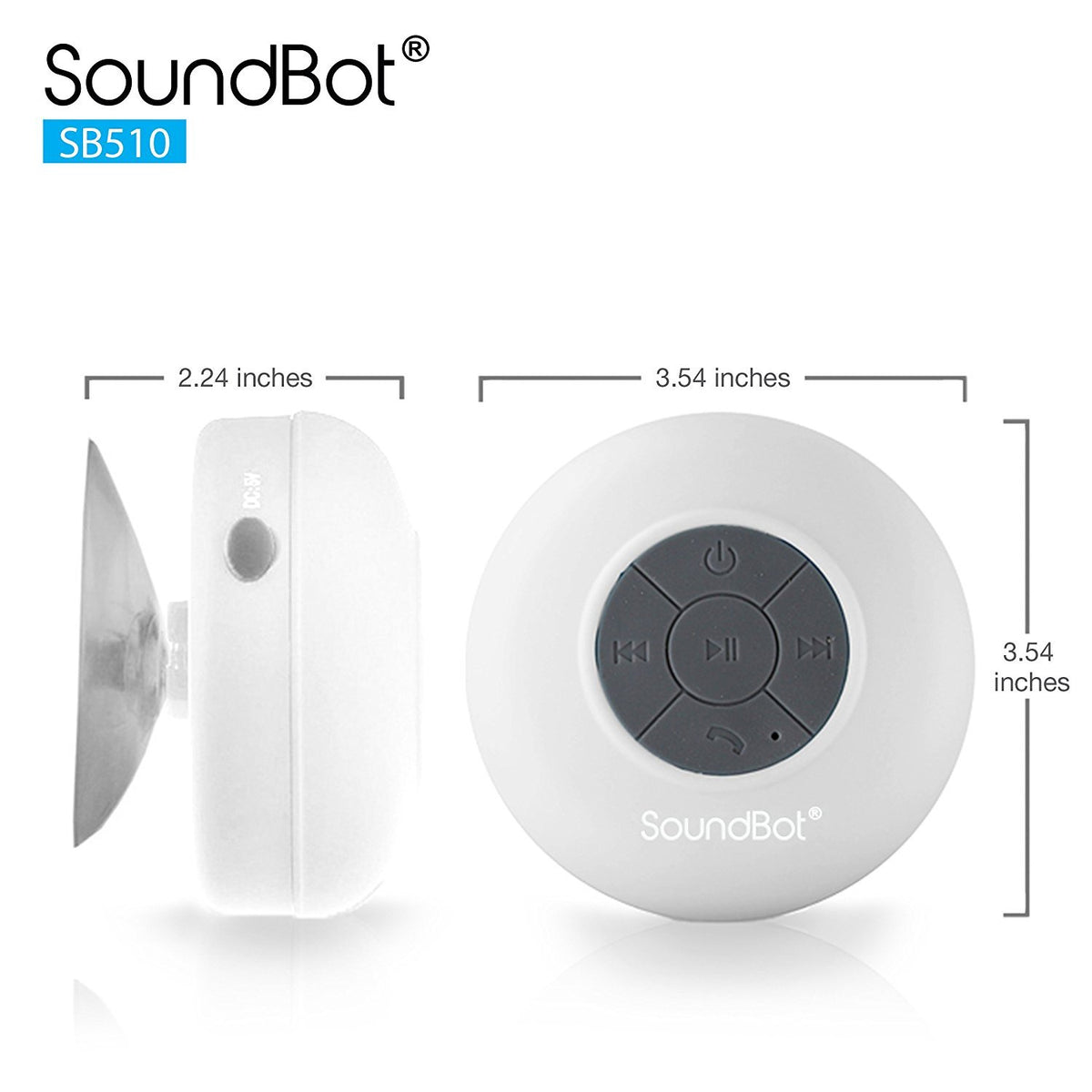 Soundbot® Waterproof Shower Speaker HD Water Resistant Bluetooth Handsfree Portable with Loud Clear Sounds 6+hrs of Playtime, Wireless Suction Cup Small Durable for Outdoors Travel Home SB510 (Black)