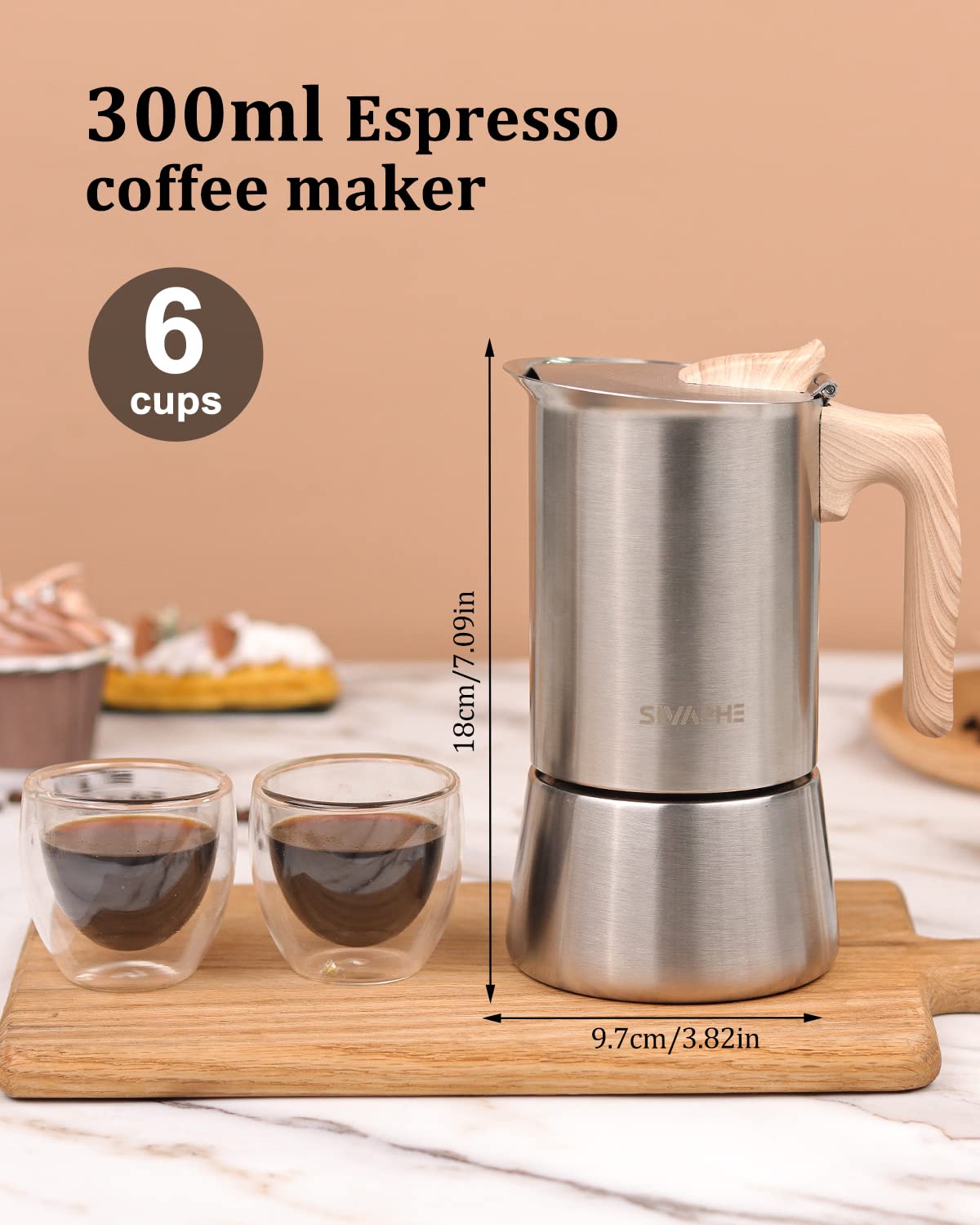 Sivaphe4 cups Stainless Steel Stovetop Espresso Coffee Maker | Induction Support 10 oz Intalian Moka Pot | Durable Cuban Coffee Maker 200ml(1 Cup=50ml)