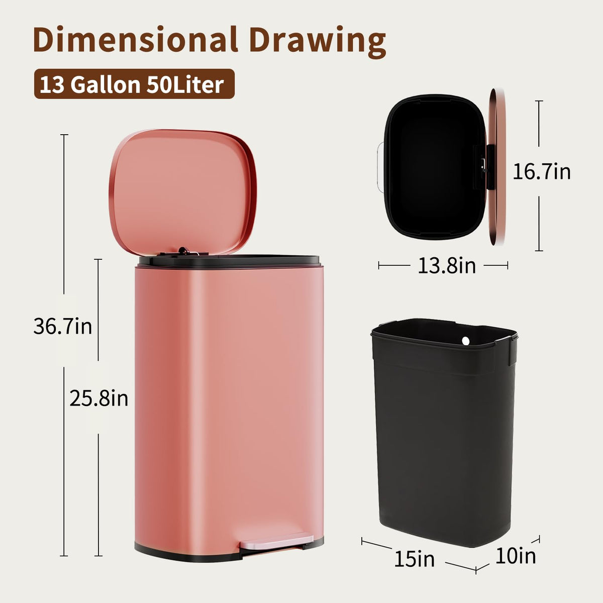 PayLessHere | 13G Trash Can with Lid | Steel | Removable Inner Bucket