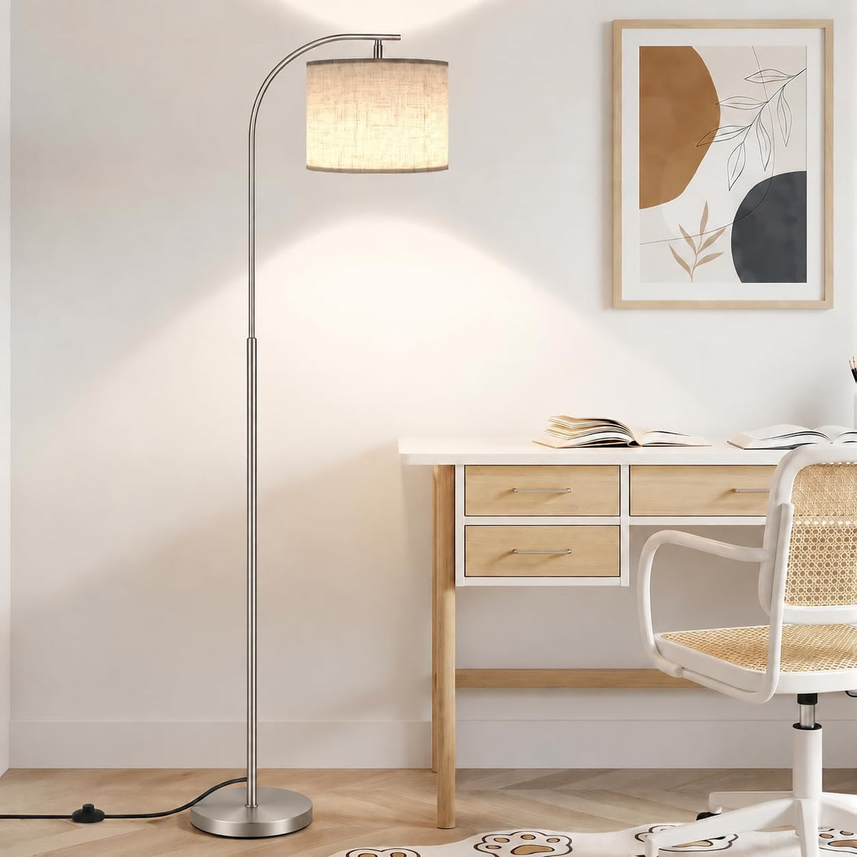 SIBRILLE Floor Lamp with Linen Shade, Arc Dimmable Tall Standing Lamp with Remote Control, Modern Floor Reading Light for Living Room Bedroom Office Corner, 9W LED Bulb Included