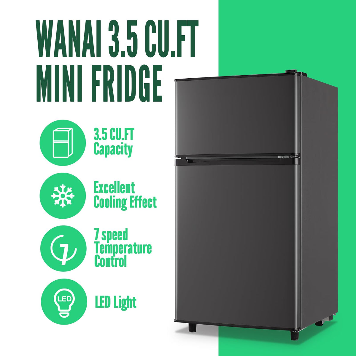 Mini Fridge with Freezer, 3.5 cubic feet 2- Doors Small Refrigerator Features 7 Gear Mechanical Control, Side Bottle Rack, Ideal for Dorm, Kitchen, Apartment, Office, Silver