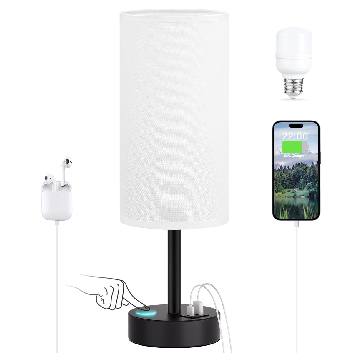 Dicoool Bedside Table Lamp for Bedroom - 3-Way Dimmable Touch Lamp, USB A+C