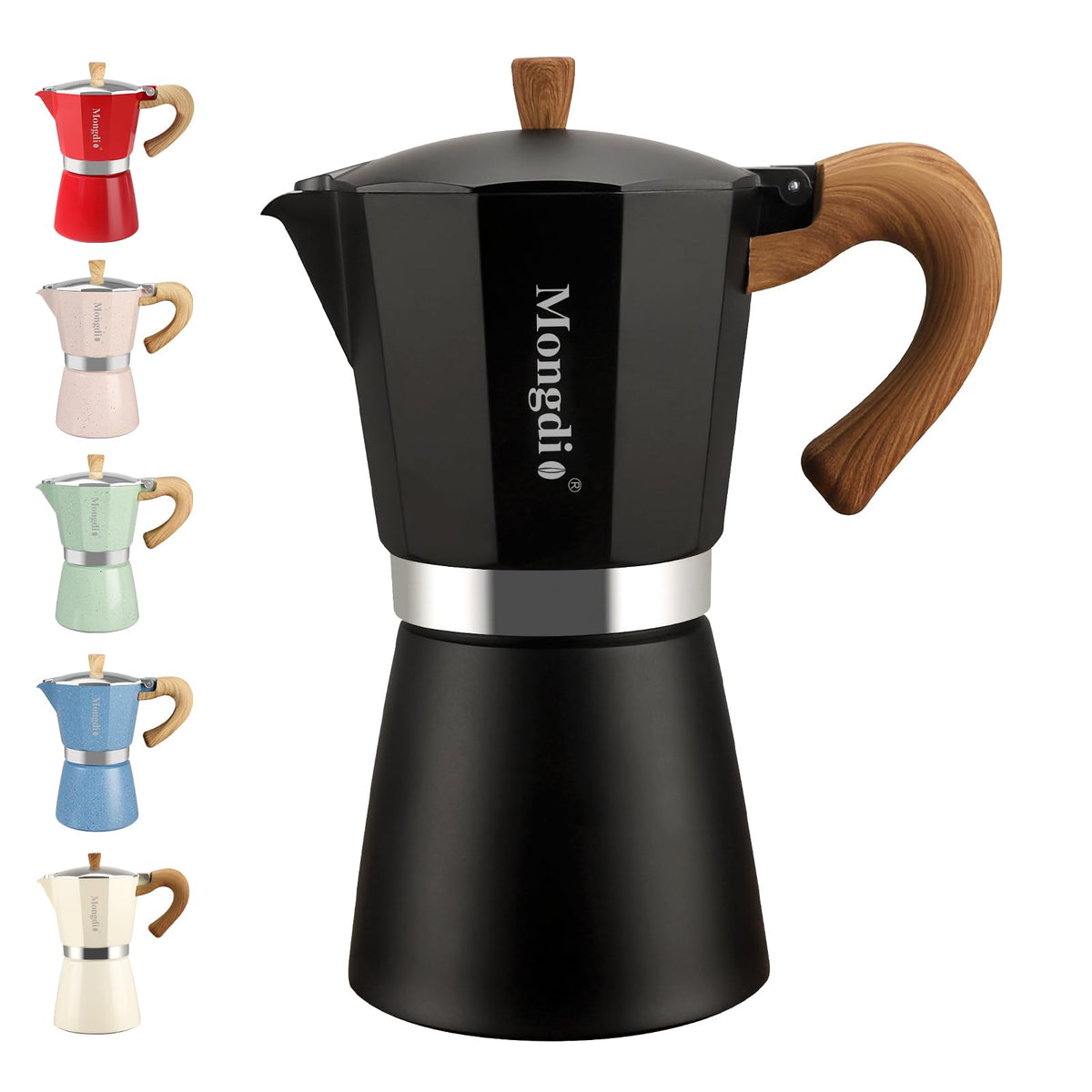 Mongdio Stovetop Espresso Maker Moka Pot, Cuban Coffee Maker Stove Top Coffee Maker Moka Italian Espresso Greca Coffee Maker Brewer Percolator, 6 Espresso Cups, 10 oz - Black