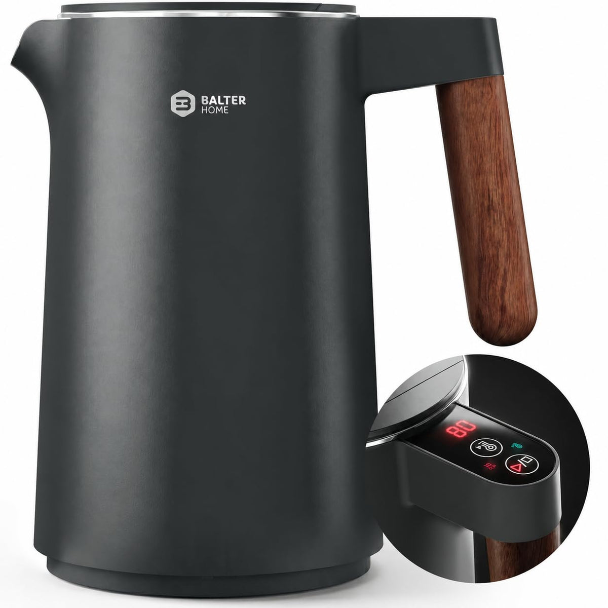 BALTER Electric Kettle with Temperature control, 113 °F – 212 °F, Tea pot, Stainless steel, double wall water kettle, BPA-free, 1.5 L, Black
