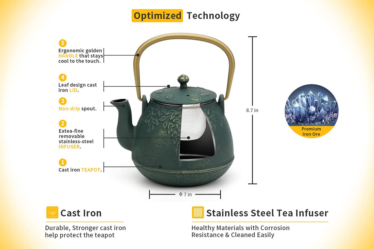 TOPTIER Japanese Teapot with Stainless Steel Infuser, Cast Iron Tea Kettle Stovetop Safe, Leaf Design Coated with Enameled Interior for 32 Ounce (950 ml), Light Green