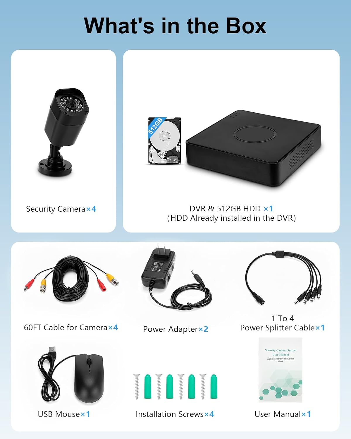 4CH Wired Security Camera System, AIWIXEN DVR with 512GB HDD, 4X 1080P Cam