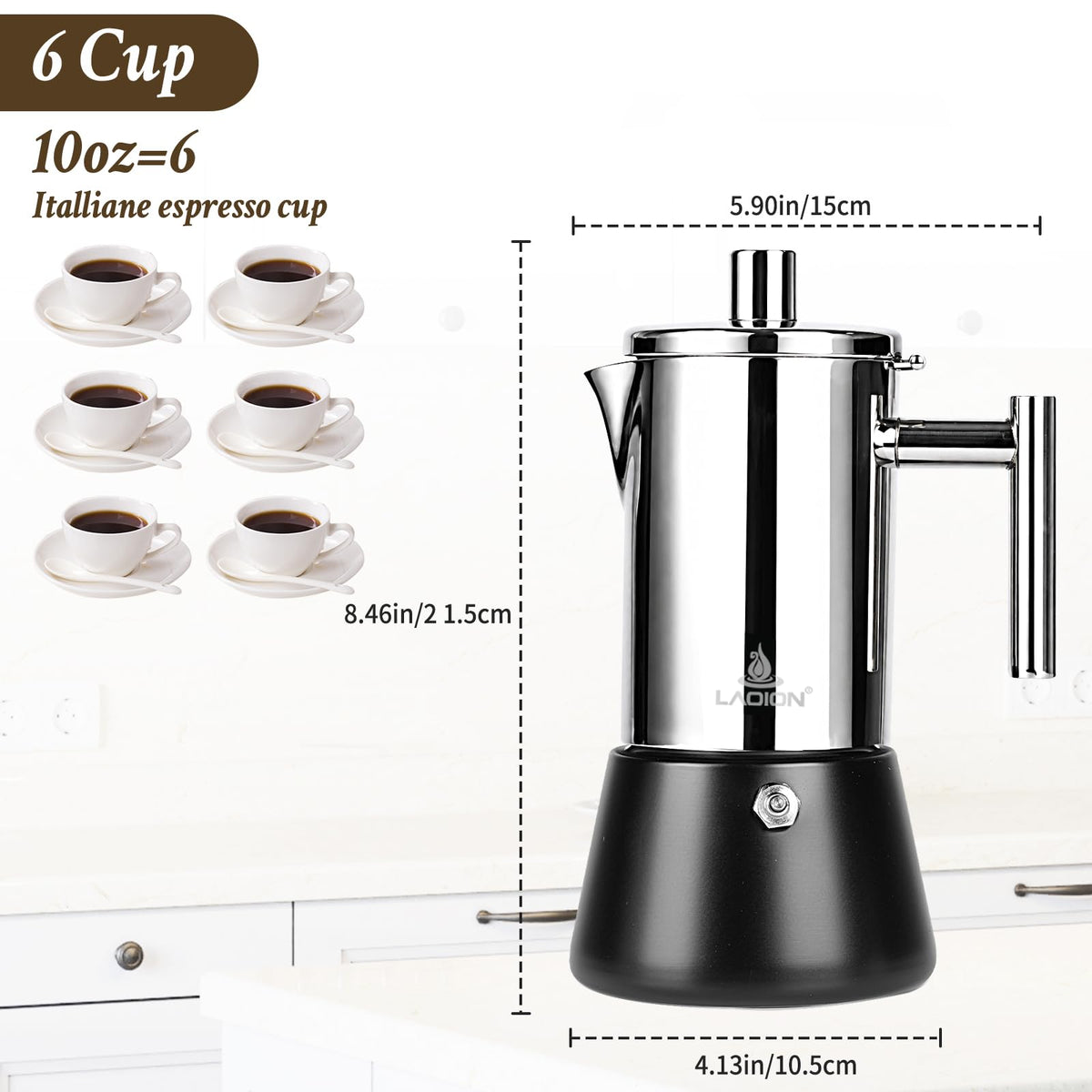 LAOION Stovetop Espresso Maker, 6Cup 10 oz Moka Pot, Stainless Steel