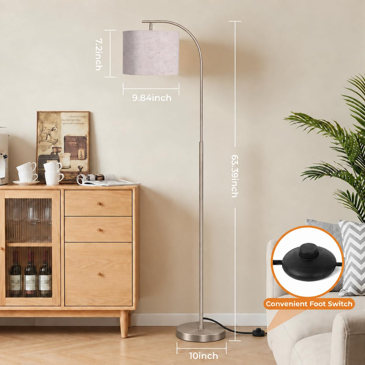 SIBRILLE Floor Lamp with Linen Shade, Arc Dimmable Tall Standing Lamp with Remote Control, Modern Floor Reading Light for Living Room Bedroom Office Corner, 9W LED Bulb Included