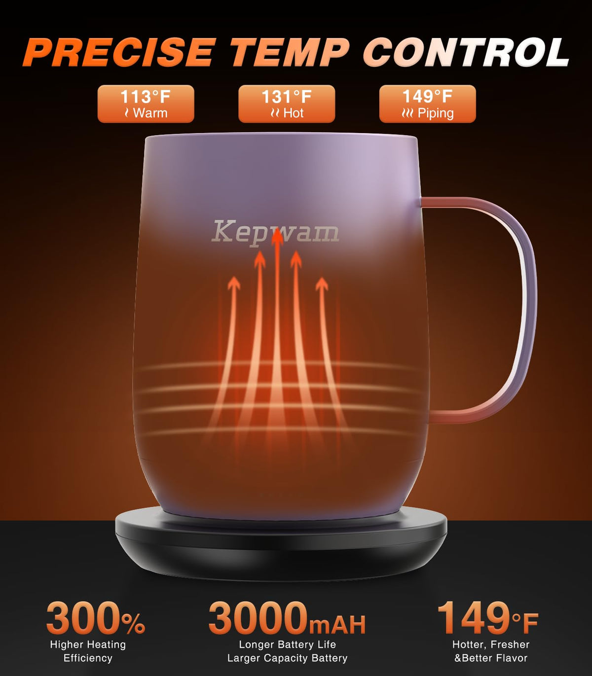 Kepwam Self-Heating Coffee Mug T2, 16oz Electric Heated Mug Hot Up to 149℉