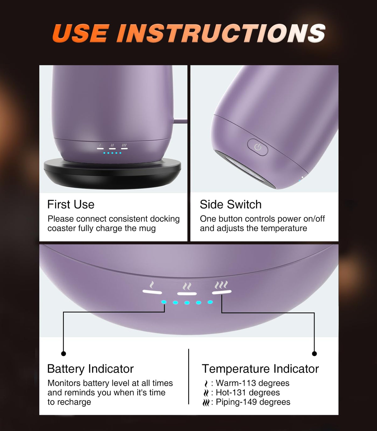 Kepwam Self-Heating Coffee Mug T2, 16oz Electric Heated Mug Hot Up to 149℉