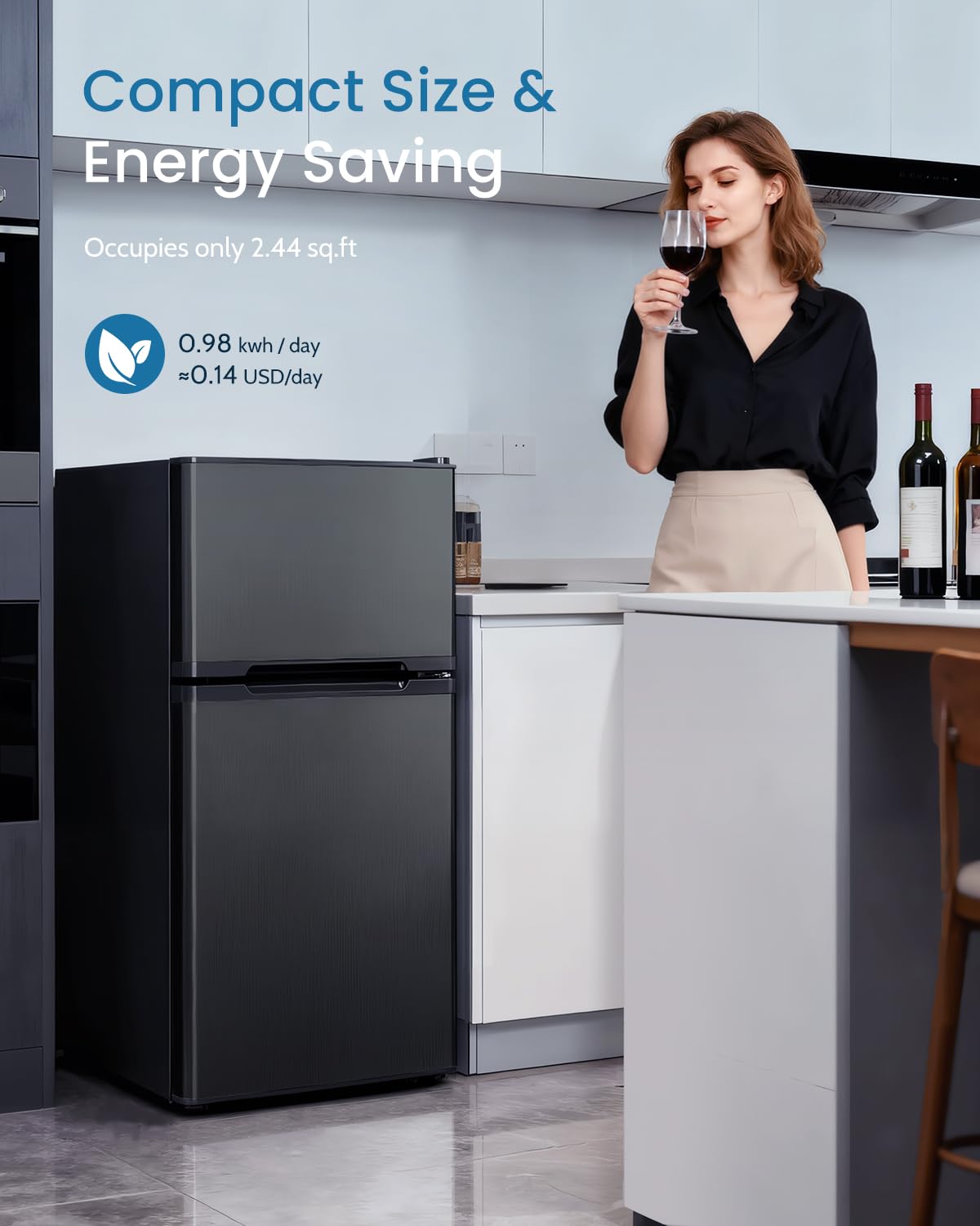Feelfunn 2.5 Cu.Ft Mini Fridge with Freezer, 2 Door Dorm Fridge, Silver