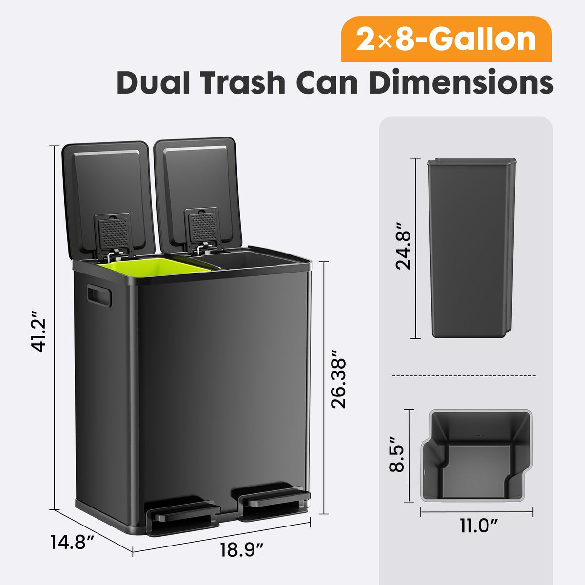 NEWBULIG 16 Gallon Dual Compartment Kitchen Trash Can, Stainless Steel, 60L