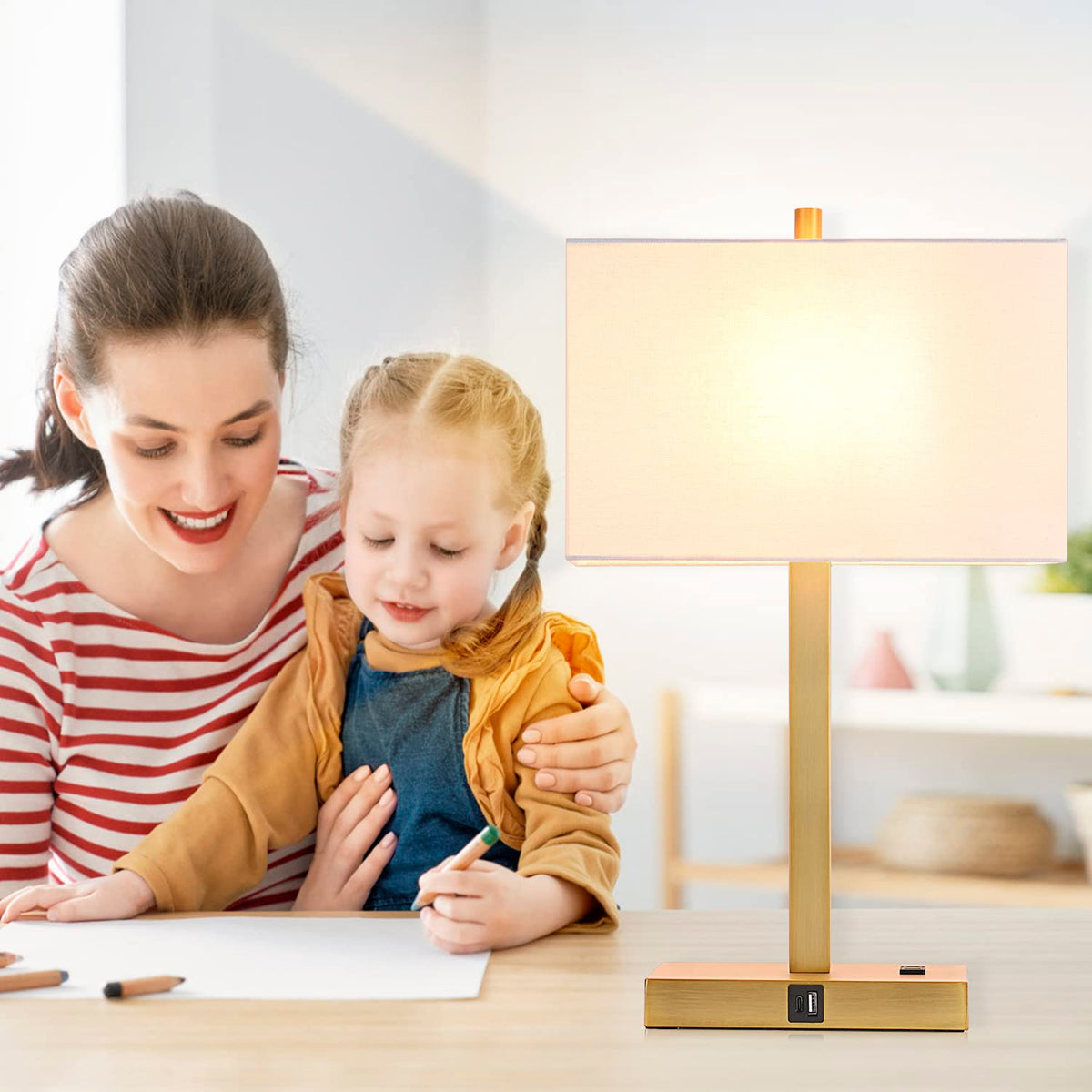 Lynnoland Set of 2 Touch Control Table Lamps with 2 USB & AC Outlet, 3-Way Dimmable Bedside Nightstand Lamps for Bedroom Living Room Nursery, 800 Lumens 5000K Daylight Bulbs Included