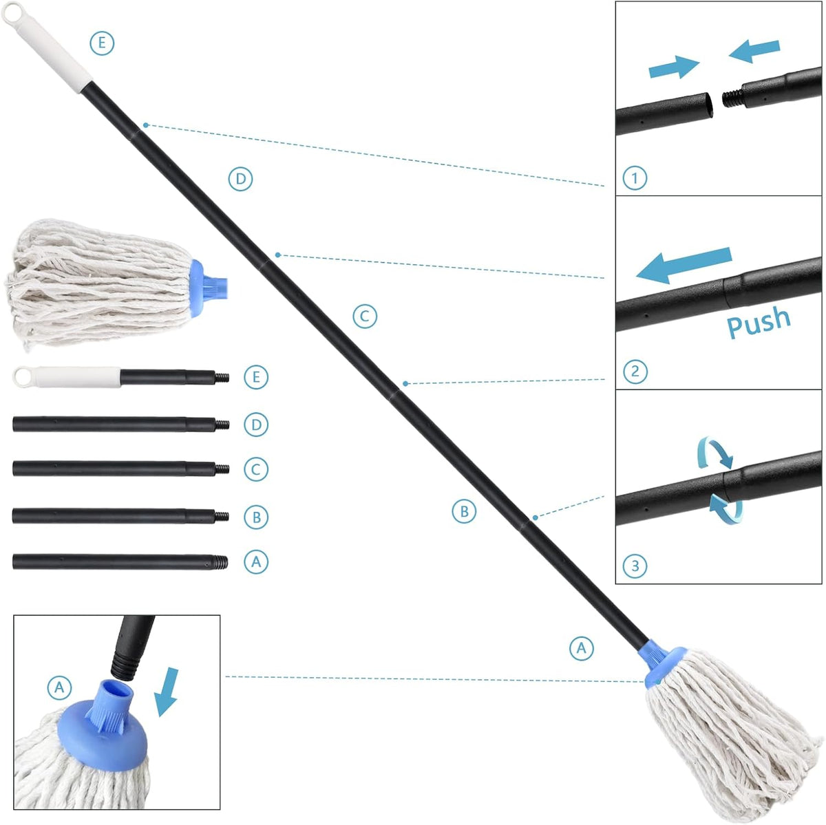 Indoor Mop for Floor Cleaning - Cotton Mops for Floor Cleaning, Regular Mop for Floors, 49-inch Simple Mops for Cleaning Living Rooms, Bathrooms, and Kitchens. (White&Blue)