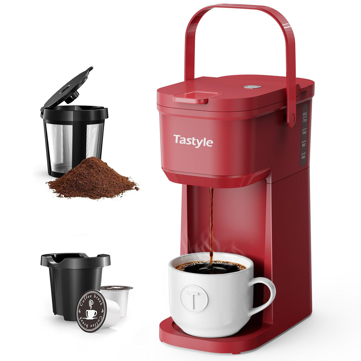 Tastyle Mini Single Serve Coffee Maker for K Cups and Grounds with Handle