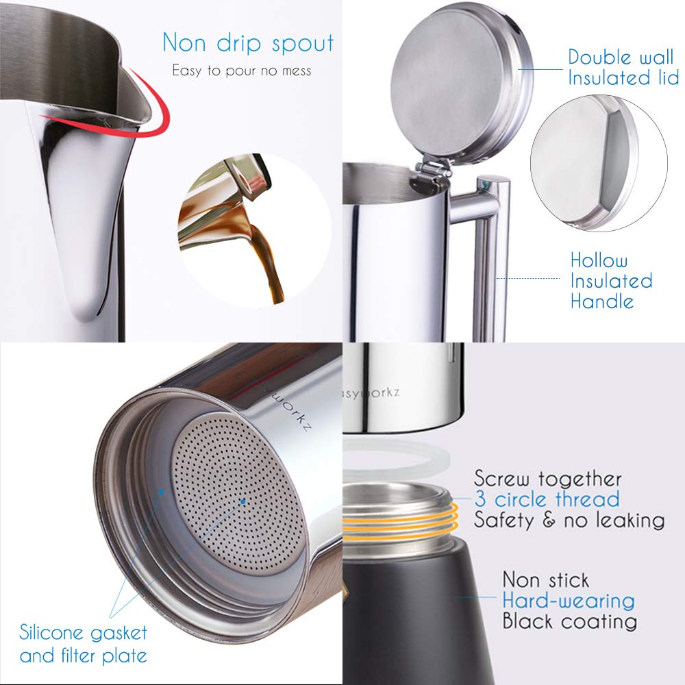 Easyworkz Diego Stovetop Espresso Maker Stainless Steel Italian Coffee Machine Maker 4Cup 6.8 oz Induction Moka Pot