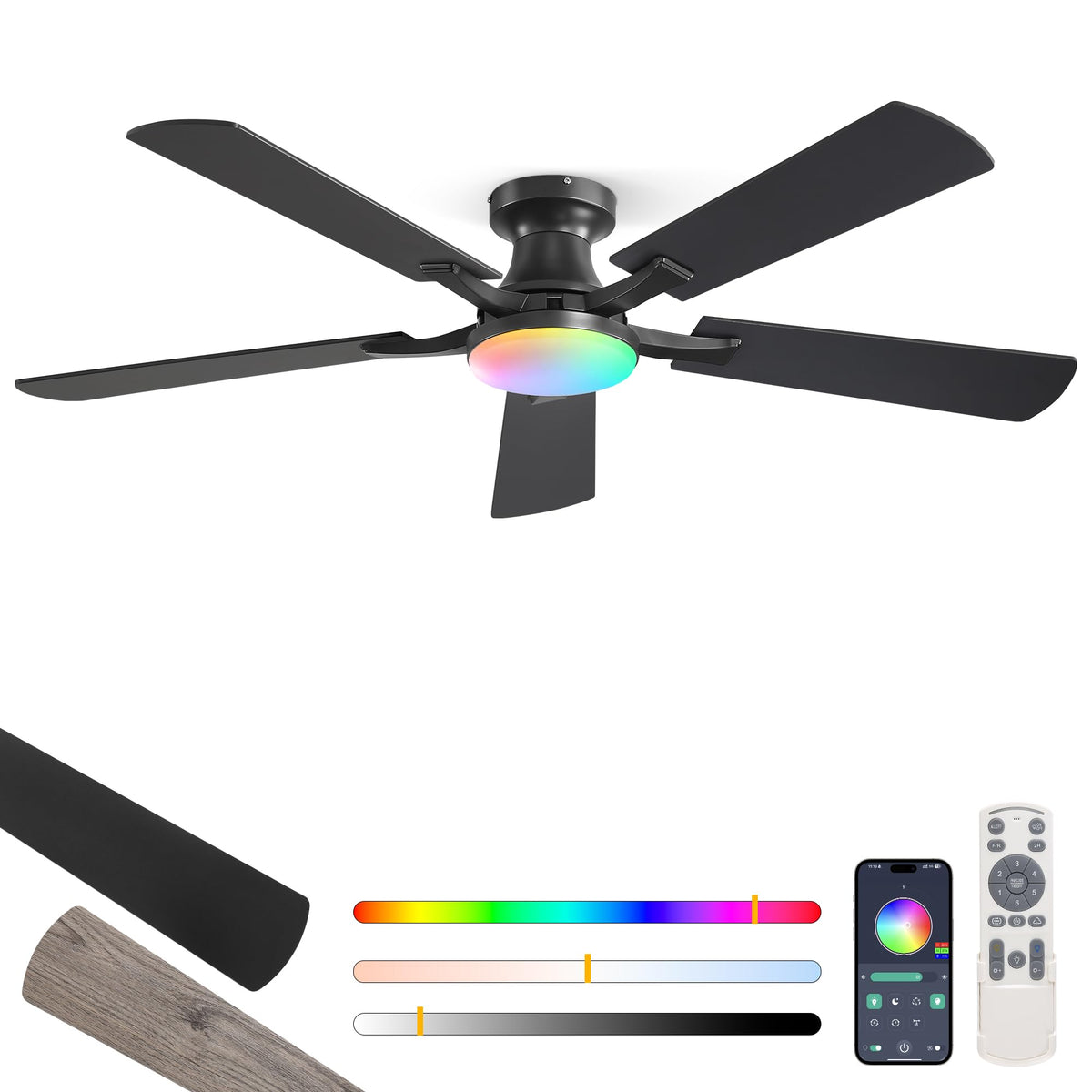 ZMISHIBO 52 Inch Ceiling Fans with Lights, Remote&App Control, Flush Mount