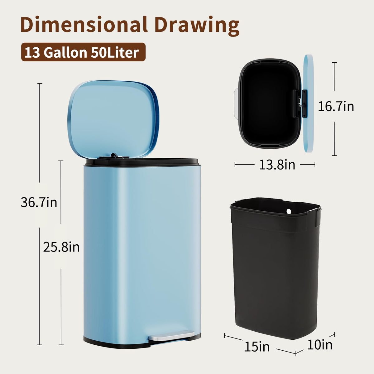 PayLessHere | 13G Trash Can with Lid | Steel | Removable Inner Bucket