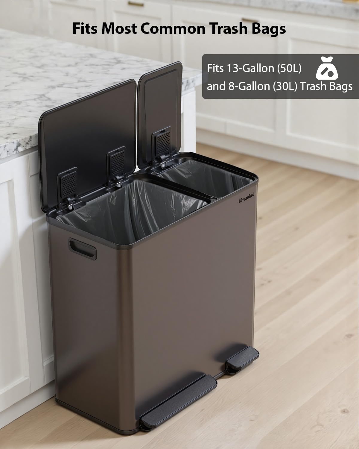 Lovewind Dual Trash and Recycling Bins for Kitchen, 2 * 11-Gallon Stainless Steel Double Trash Can, Step-On Garbage and Recycle Combo, Quiet Close, Pet-Proof, Compatible with 13-Gallon Bags, White