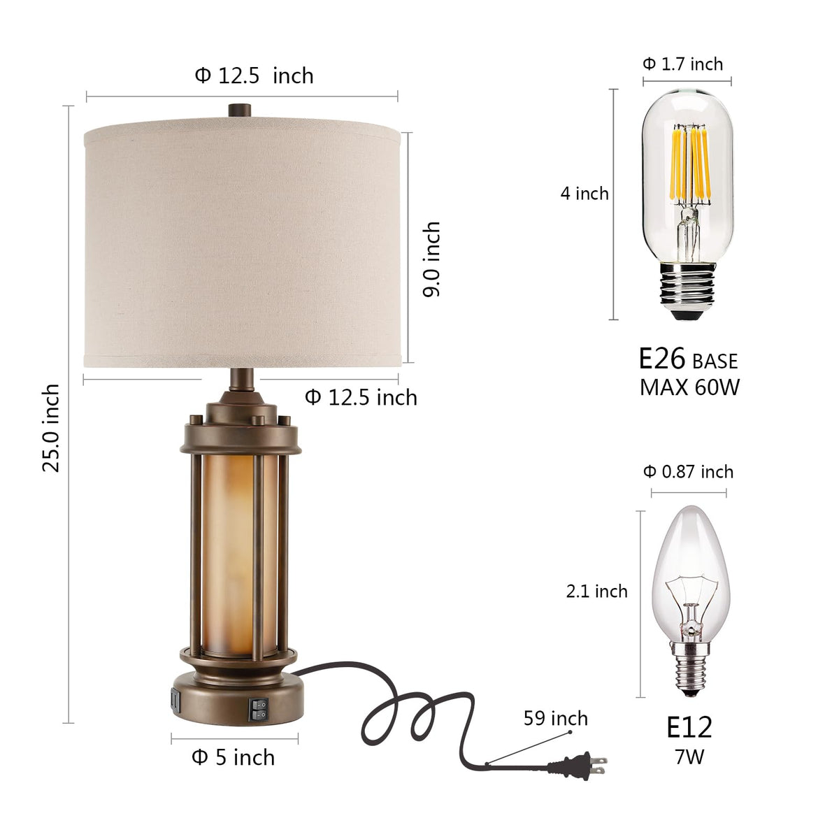AIEAMPDO 25'' Set of 2 Farmhouse Table Lamps for Living Room with USB C+A