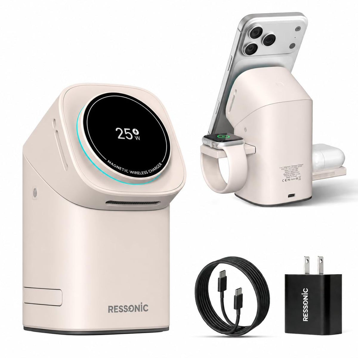 25W 3 in 1 Wireless Charging Station for Apple&Samsung, Desk Night Stand