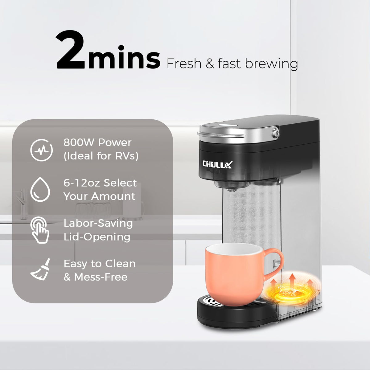 CHULUX Slim Single Serve Coffee Maker for K Cup, One Cup Design, Matte Navy