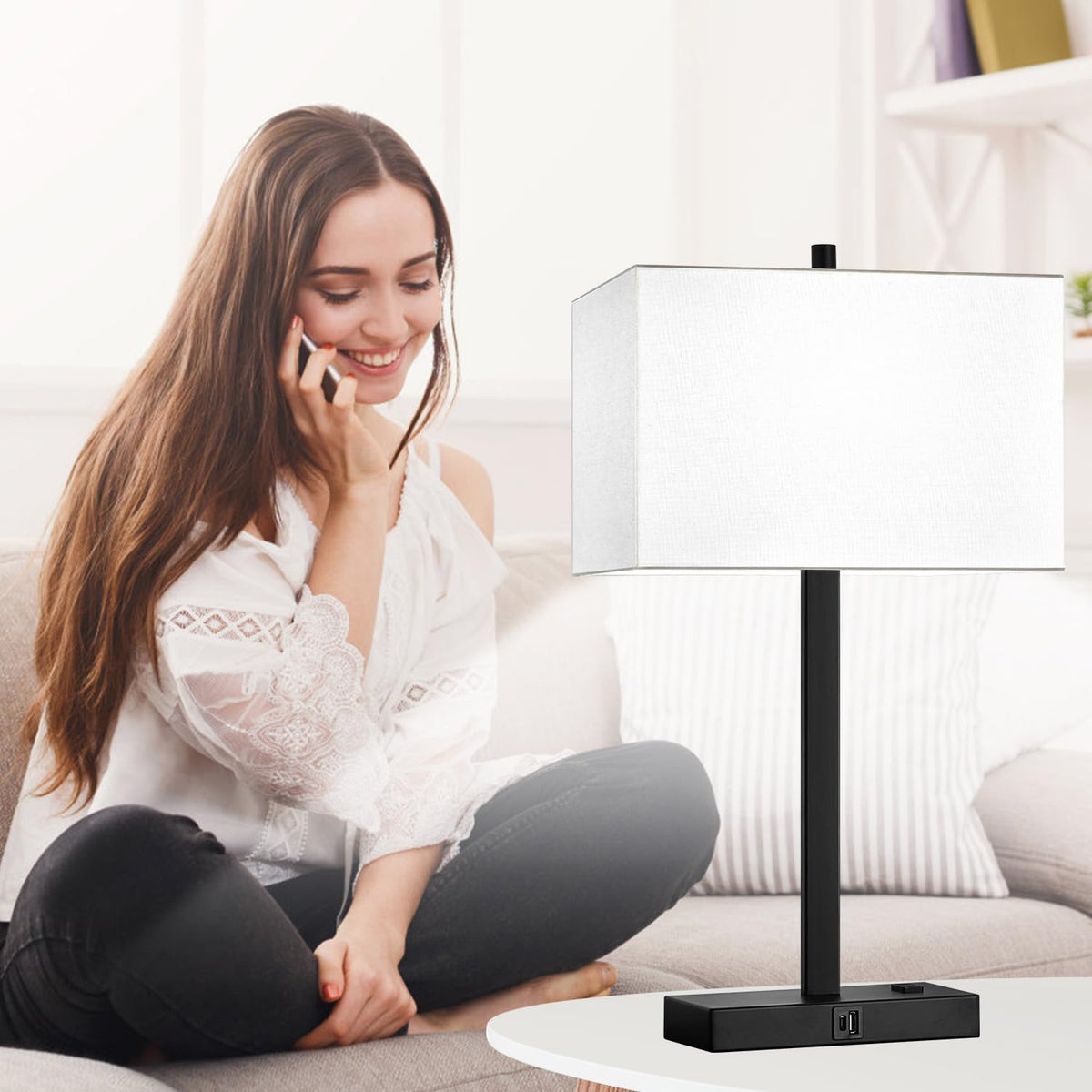 Lynnoland Set of 2 Touch Control Table Lamps with 2 USB & AC Outlet, 3-Way Dimmable Bedside Nightstand Lamps for Bedroom Living Room Nursery, 800 Lumens 5000K Daylight Bulbs Included