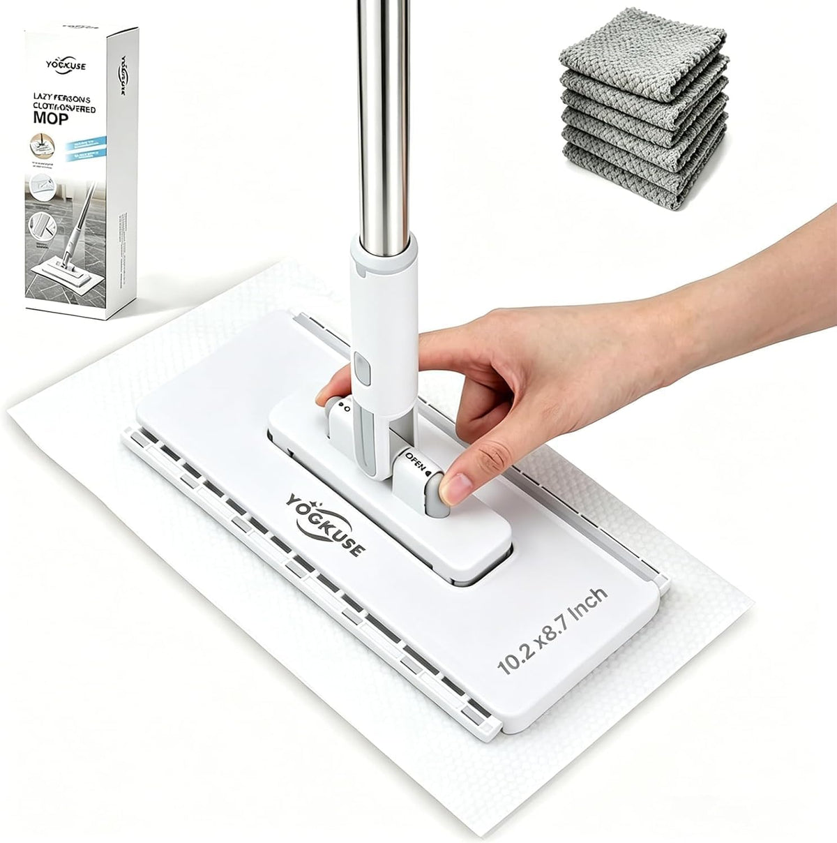 Pawnexa Mop,Clamp Mop,Hands Free Multi Purpose Flat Mops with Squeegee,Multi Function Cleaning Mops for Whole House,Shark Tooth Grip for Any Cloth,Dry and Wet Use(48”Handle,6 Cloths)
