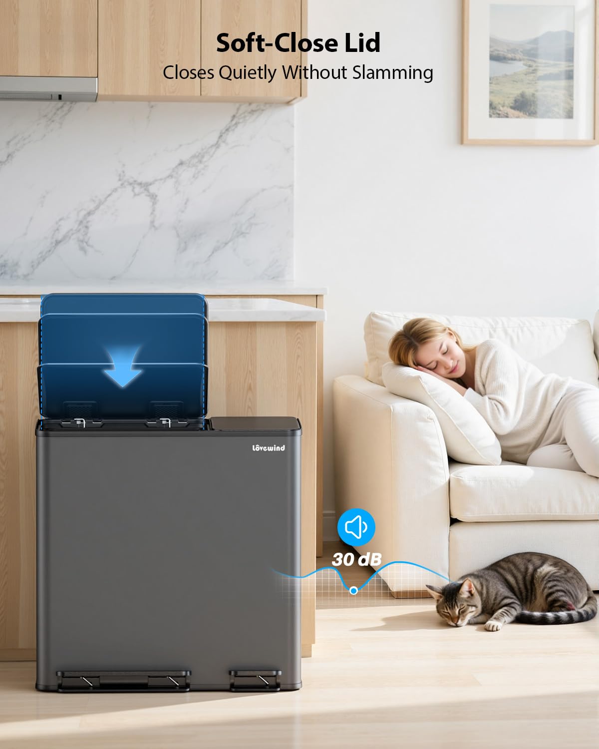 Lovewind Dual Trash and Recycling Bins for Kitchen, 2 * 11-Gallon Stainless Steel Double Trash Can, Step-On Garbage and Recycle Combo, Quiet Close, Pet-Proof, Compatible with 13-Gallon Bags, White