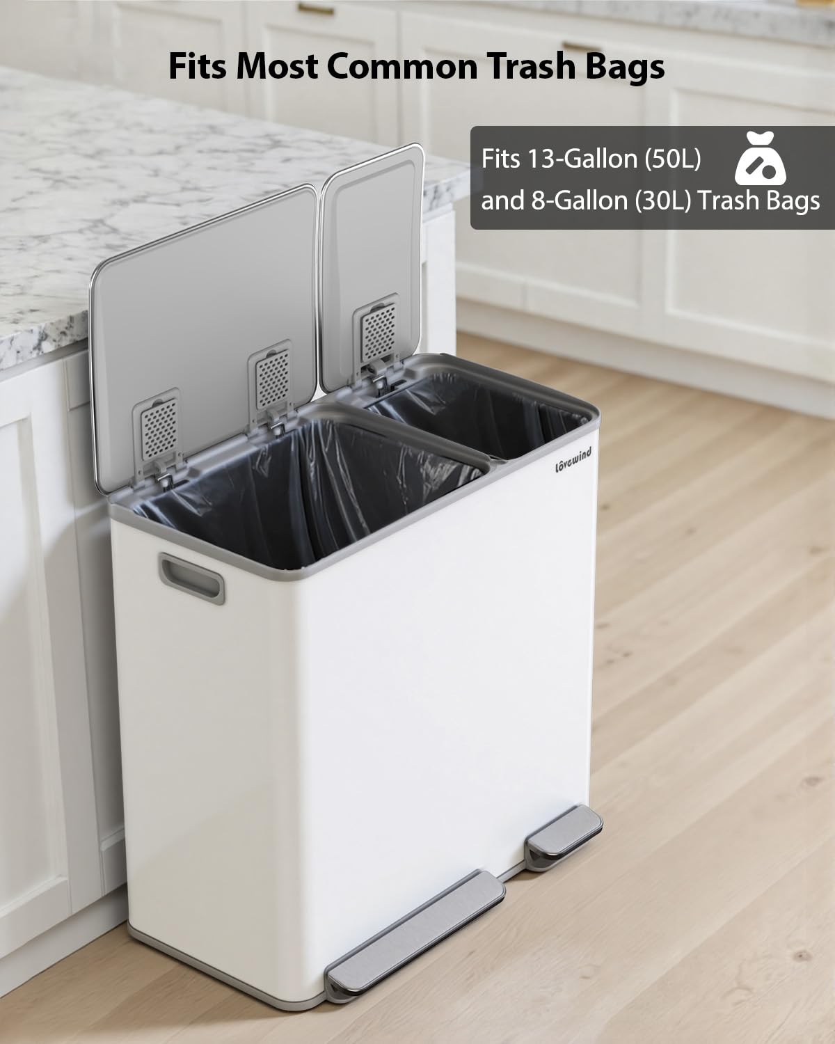 Lovewind Dual Trash and Recycling Bins for Kitchen, 2 * 11-Gallon Stainless Steel Double Trash Can, Step-On Garbage and Recycle Combo, Quiet Close, Pet-Proof, Compatible with 13-Gallon Bags, White