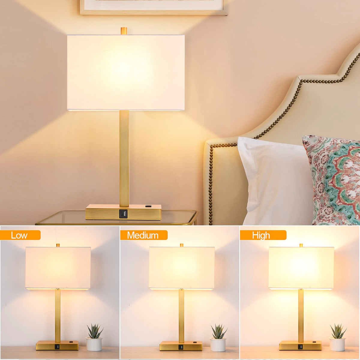 Lynnoland Set of 2 Touch Control Table Lamps with 2 USB & AC Outlet, 3-Way Dimmable Bedside Nightstand Lamps for Bedroom Living Room Nursery, 800 Lumens 5000K Daylight Bulbs Included