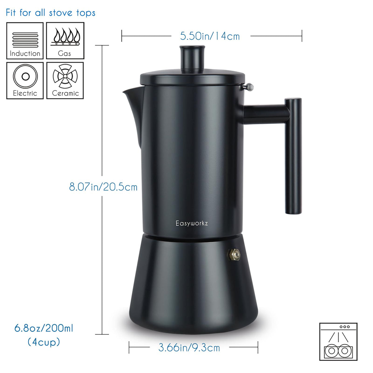 Easyworkz Diego Stovetop Espresso Maker Stainless Steel Italian Coffee Machine Maker 4Cup 6.8 oz Induction Moka Pot