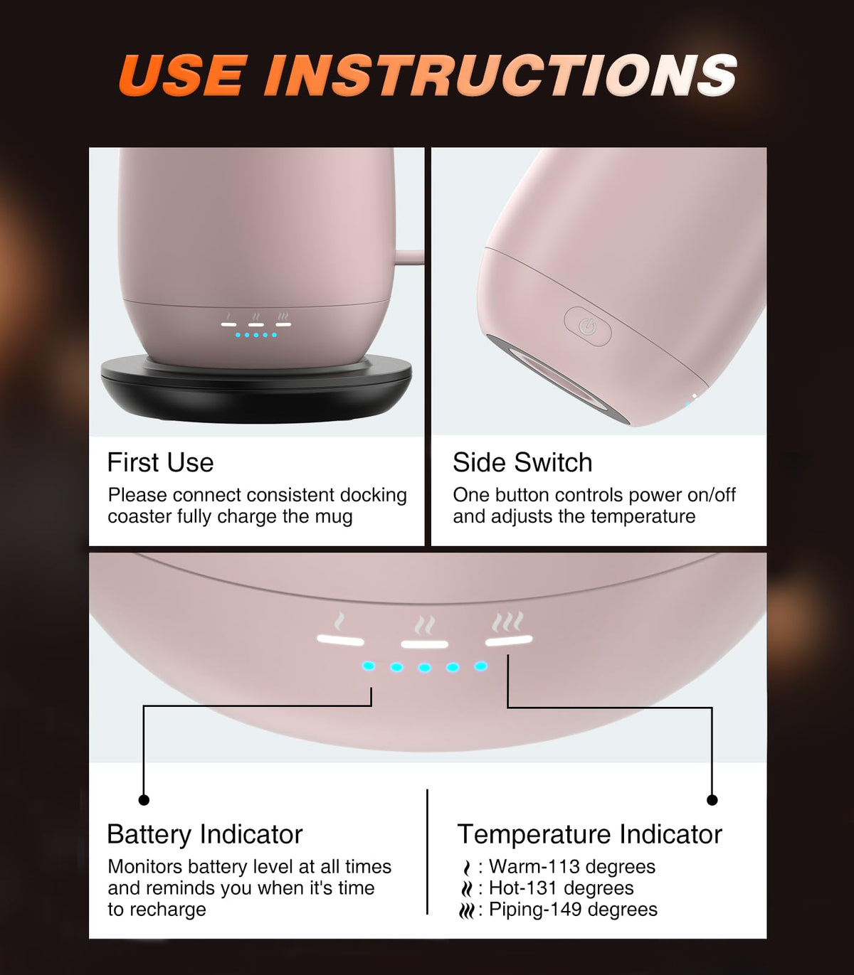 Kepwam Self-Heating Coffee Mug T2, 16oz Electric Heated Mug Hot Up to 149℉