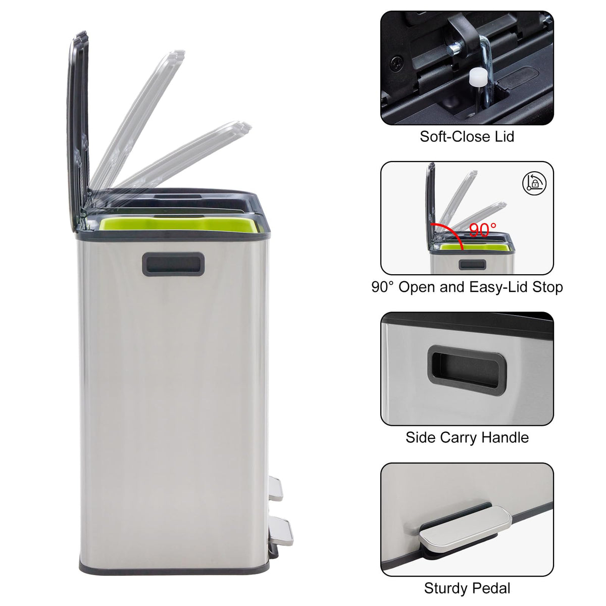 NEWBULIG 16 Gallon Dual Compartment Kitchen Trash Can, Stainless Steel, 60L