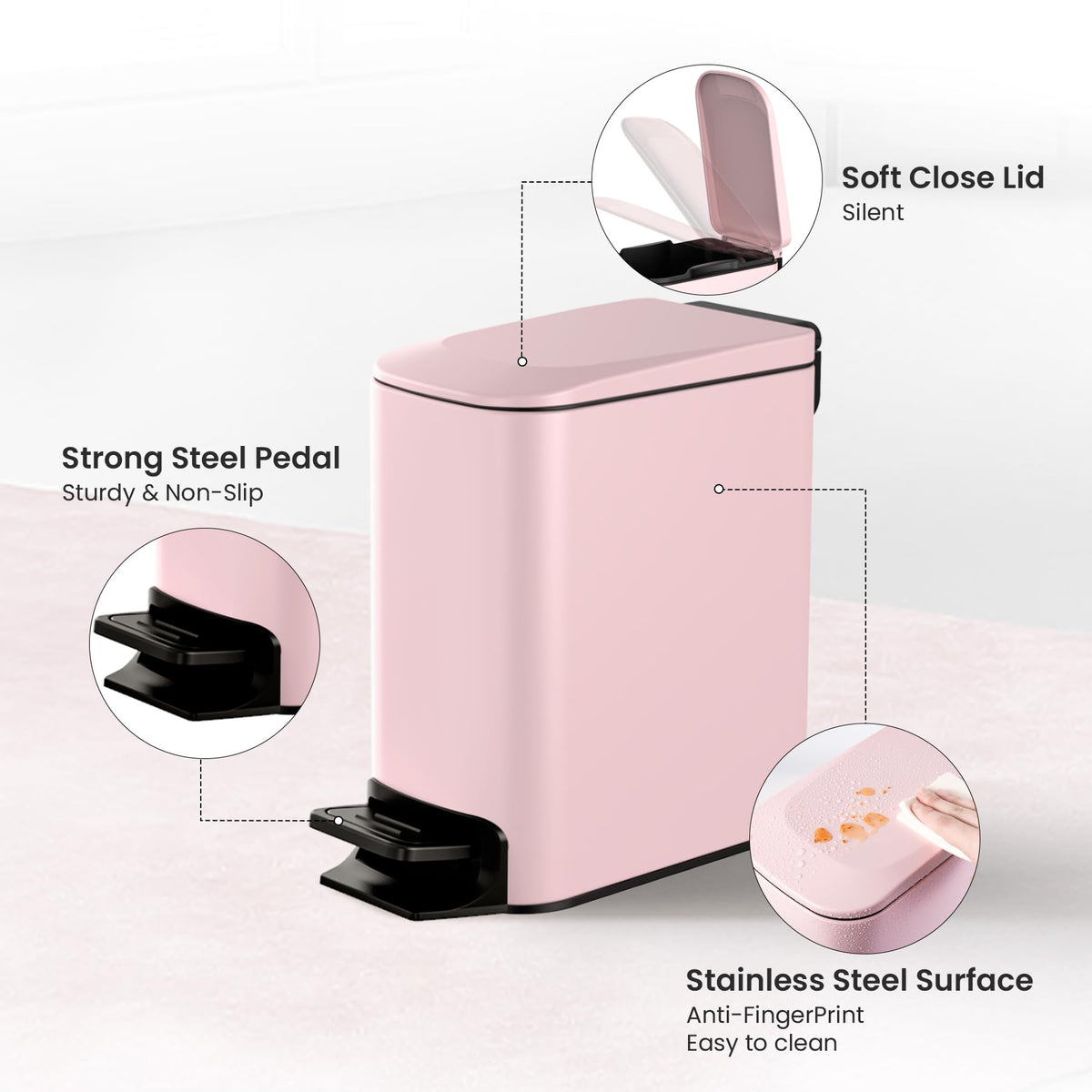Cesun Small Bathroom Trash Can with Lid, 1.6 Gal, Soft Close, Matte Black