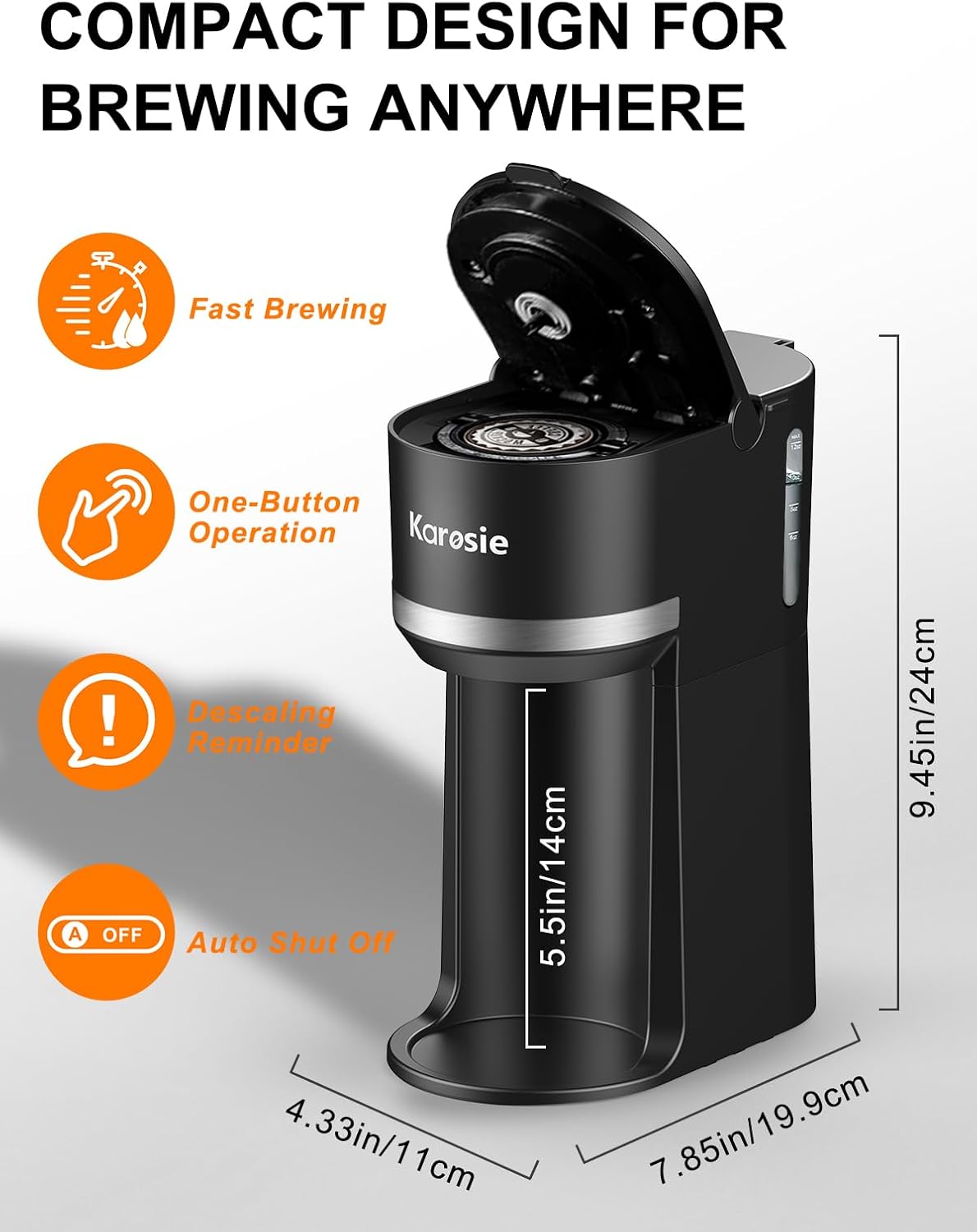Single Serve Coffee Maker for Coffee Pods and Grounds,Fast Brew,6-12 oz Brew Sizes Single Cup Coffee Maker Fits 5.5" Mugs,One-Button Small Coffee Maker,Descaling Reminder,Black,9.45 Inches