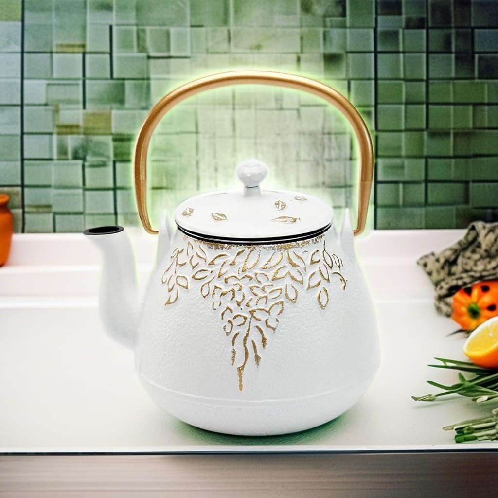 TOPTIER Japanese Teapot with Stainless Steel Infuser, Cast Iron Tea Kettle Stovetop Safe, Leaf Design Coated with Enameled Interior for 32 Ounce (950 ml), Light Green