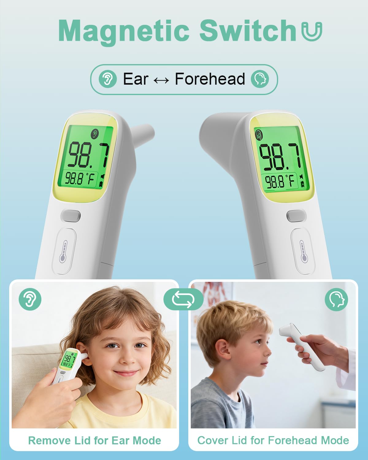 Baby Thermometer for Kids - Ear & Forehead Thermometer FSA-HSA, Digital Infrared Thermometers for Adults, Accurate No Touch Termometro with Fever Alarm & Mute Mode,40 Memories (Blue 1 Pack)