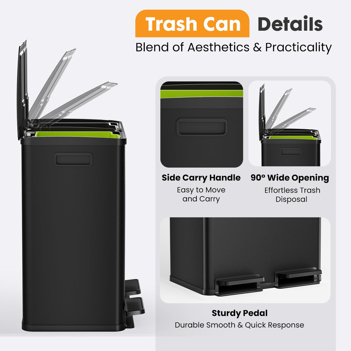 NEWBULIG 16 Gallon Dual Compartment Kitchen Trash Can, Stainless Steel, 60L