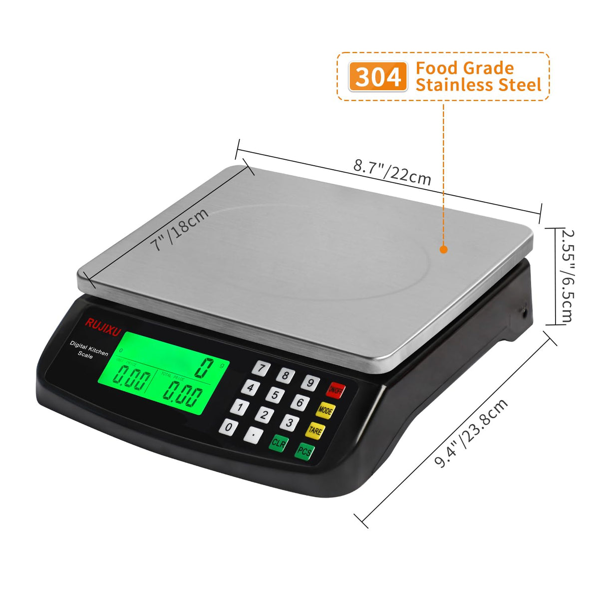 Large Digital Kitchen Scale 30KG Commercial Food Scale 66LB for Baking Bread Meat Stainless Steel Price Computing Scale LCD Display,Prep Counting Scale for Parts and Coins Adapter Included