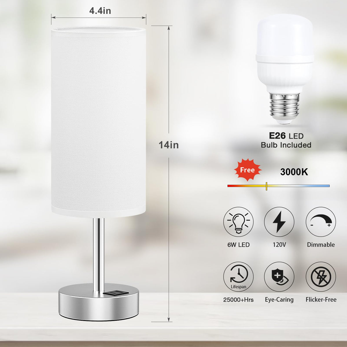 Dicoool Bedside Table Lamp for Bedroom - 3-Way Dimmable Touch Lamp, USB A+C