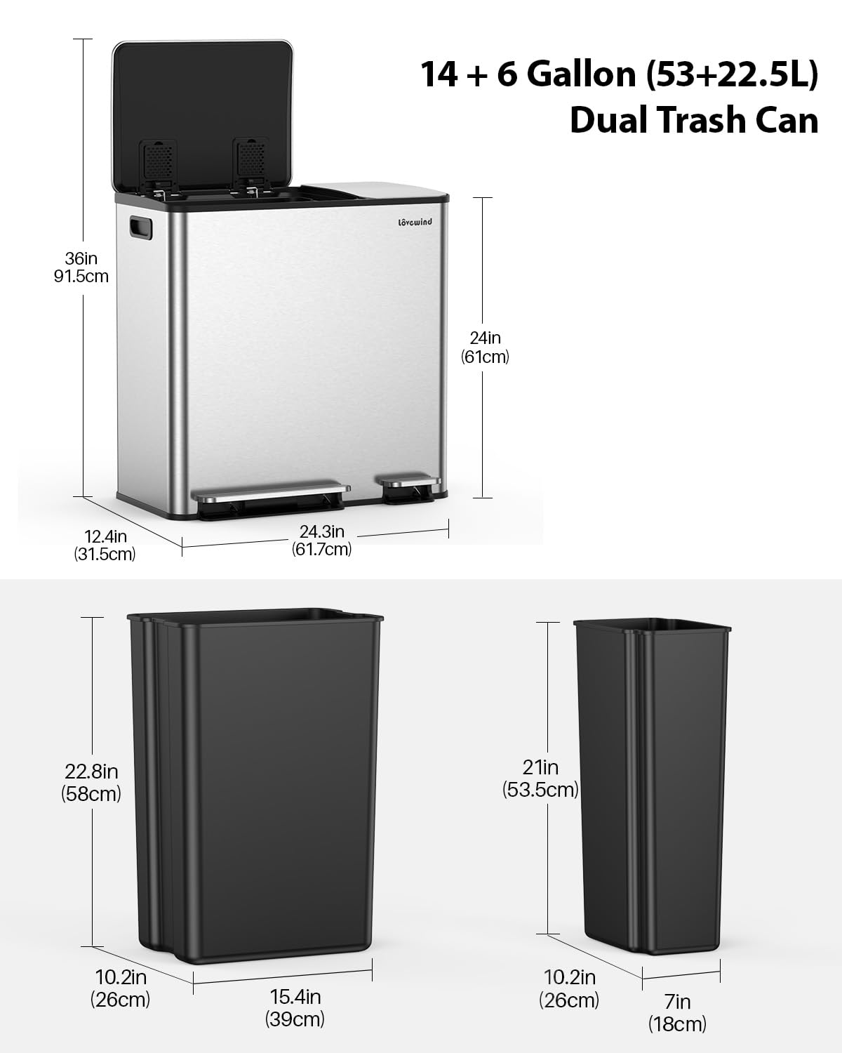 Lovewind Dual Trash and Recycling Bins for Kitchen, 2 * 11-Gallon Stainless Steel Double Trash Can, Step-On Garbage and Recycle Combo, Quiet Close, Pet-Proof, Compatible with 13-Gallon Bags, White