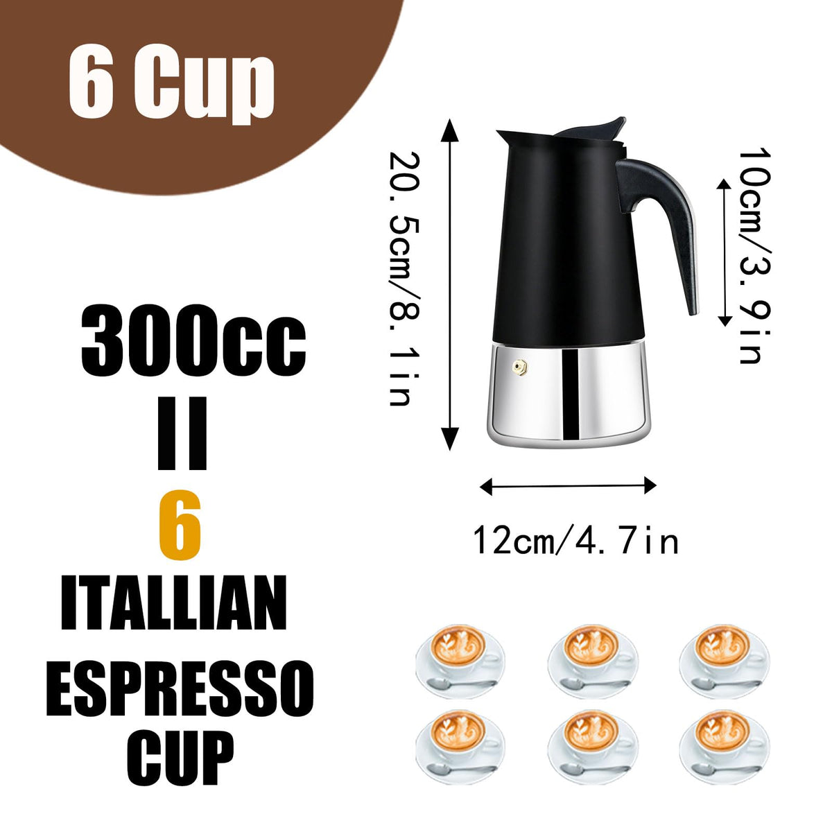 6 Cup Stovetop Espresso Maker Stainless Steel Moka Pot Stove Top Percolator Italian Coffee Makers Capable Mocha Greca Machine Cafe Classic Induction Cookers for Home and Camping 300ml 10oz