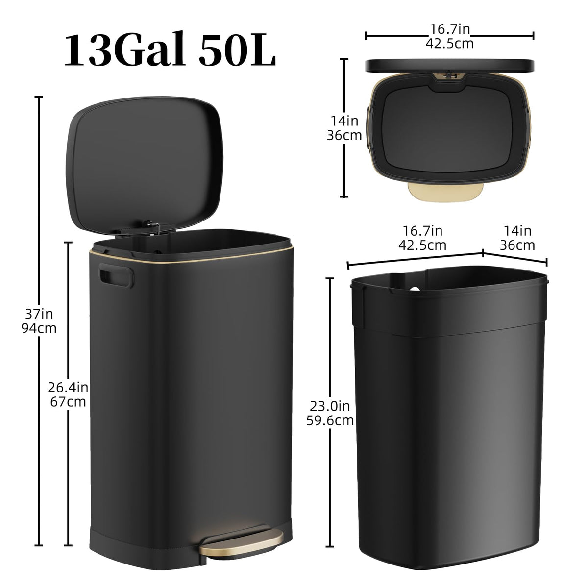 KdbK Kitchen Trash Can with Lid, 13 Gal Stainless Steel Pedal Garbage Can