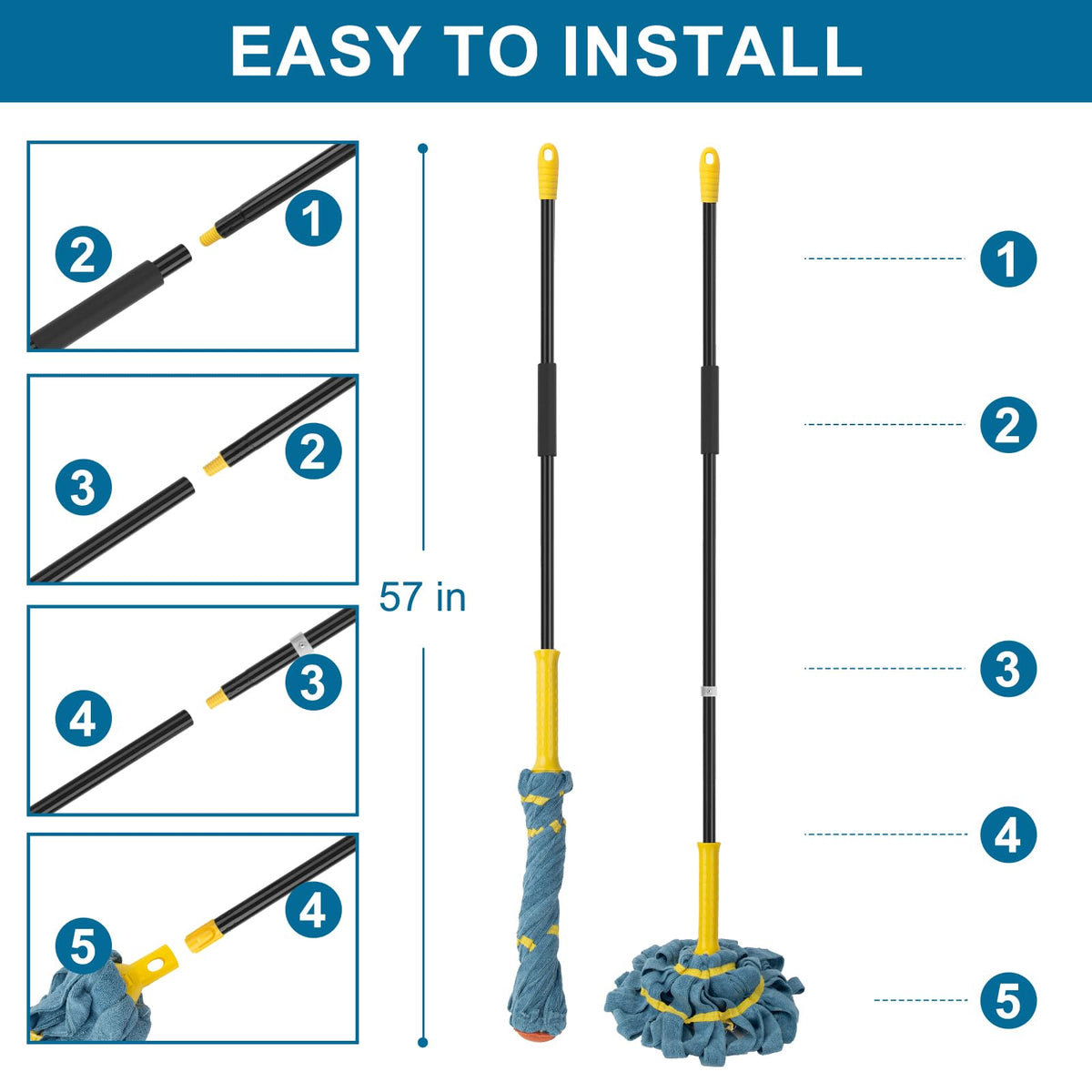 Self-Wringing Twist Mops for Floor Cleaning, Microfiber Floor mop with 57 " Long Handle, Easy Wringing Mop for Hardwood Commercial Household Clean