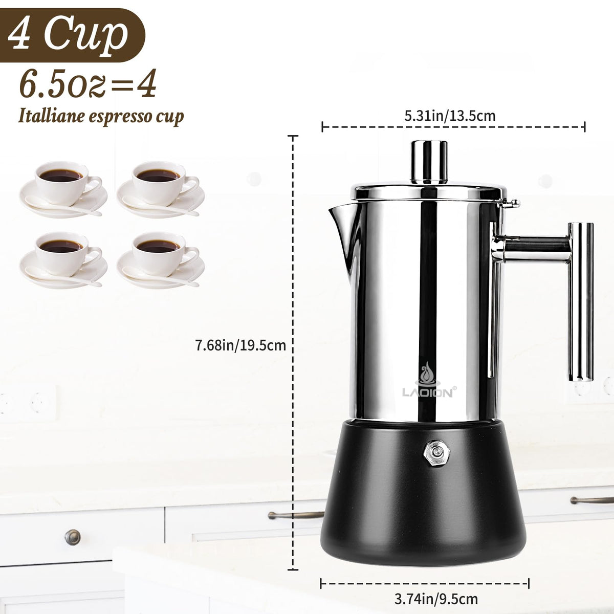 LAOION Stovetop Espresso Maker, 6Cup 10 oz Moka Pot, Stainless Steel