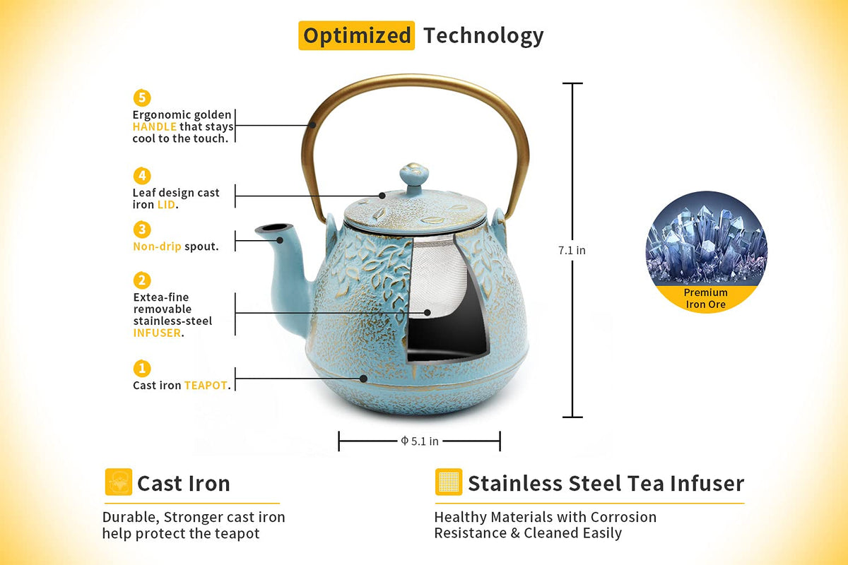 TOPTIER Japanese Teapot with Stainless Steel Infuser, Cast Iron Tea Kettle Stovetop Safe, Leaf Design Coated with Enameled Interior for 32 Ounce (950 ml), Light Green