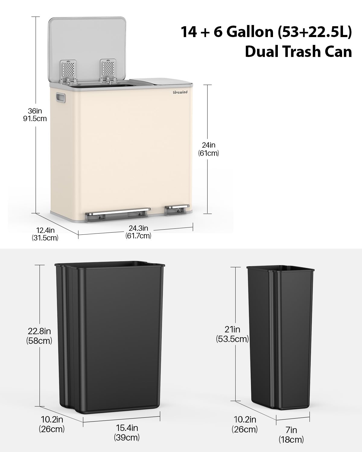 Lovewind Dual Trash and Recycling Bins for Kitchen, 2 * 11-Gallon Stainless Steel Double Trash Can, Step-On Garbage and Recycle Combo, Quiet Close, Pet-Proof, Compatible with 13-Gallon Bags, White