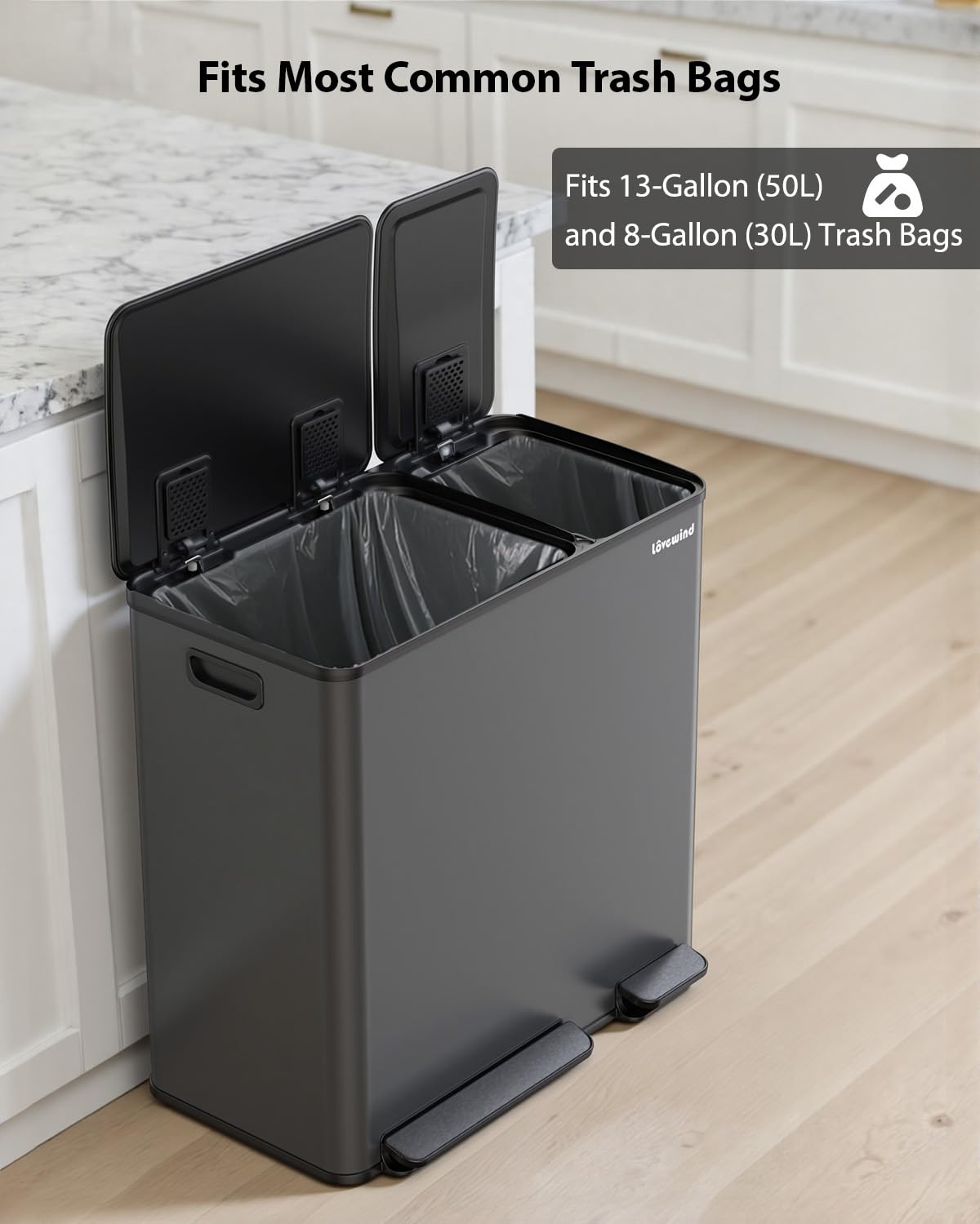 Lovewind Dual Trash and Recycling Bins for Kitchen, 2 * 11-Gallon Stainless Steel Double Trash Can, Step-On Garbage and Recycle Combo, Quiet Close, Pet-Proof, Compatible with 13-Gallon Bags, White